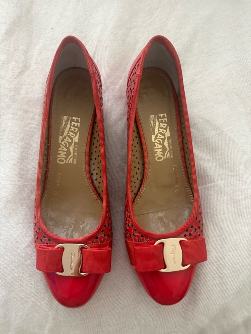 Salvatore Ferragamo Red Patent & Fabric Bow Flats